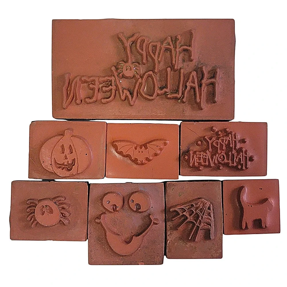 VTG Halloween Rubber Stamp Set 8 Pc Foam Spider Jack O Lantern Bat Cat Web‎